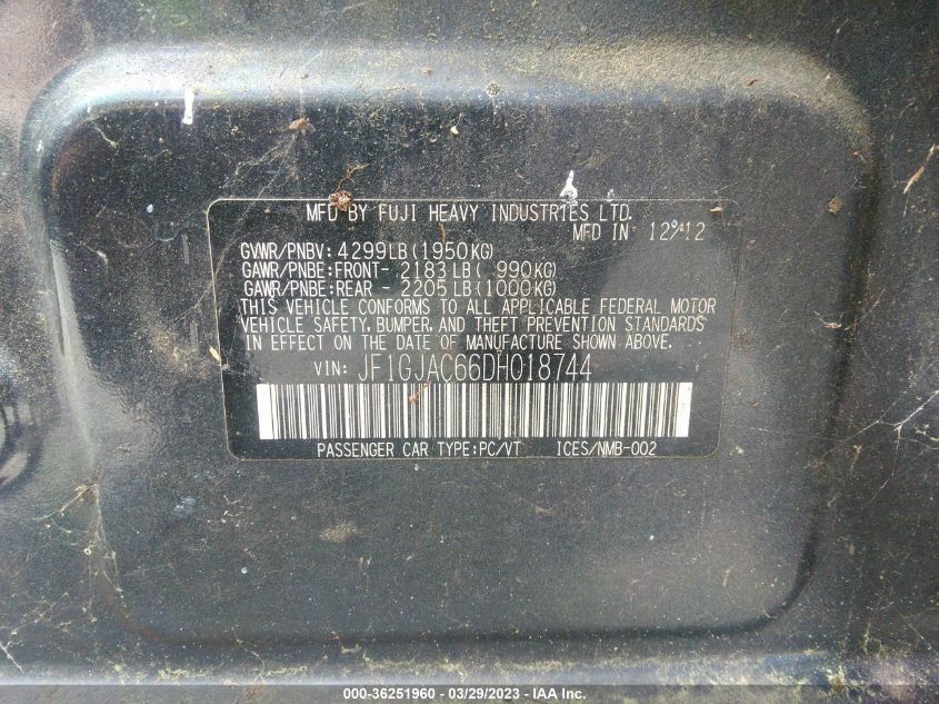 2013 SUBARU IMPREZA SEDAN PREMIUM - JF1GJAC66DH018744