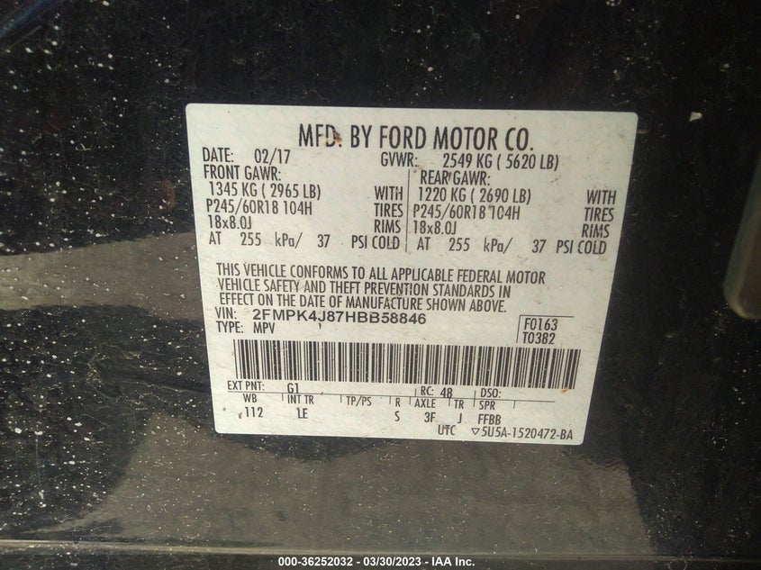 VIN 2FMPK4J87HBB58846 2017 FORD EDGE SEL