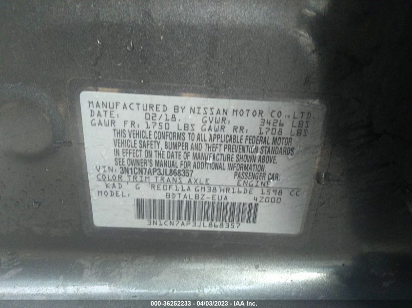 2018 NISSAN VERSA SEDAN SV - 3N1CN7AP3JL868357