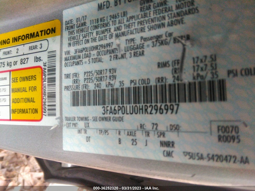 VIN 3FA6P0LU0HR296997 2017 FORD FUSION HYBRID SE