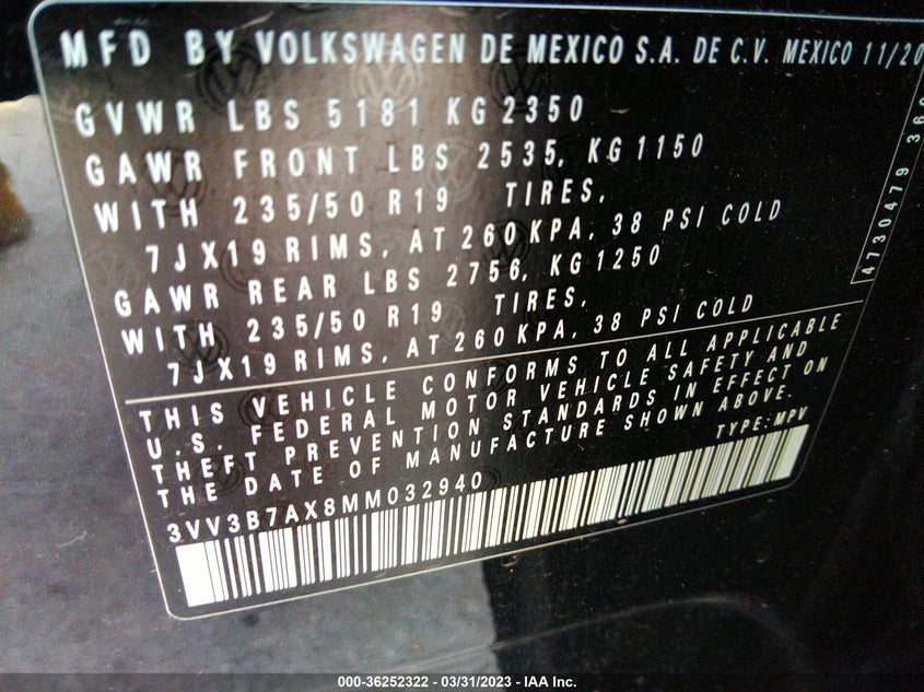 VIN 3VV3B7AX8MM032940 2021 VOLKSWAGEN TIGUAN SE/SE R-LINE BLACK/SEL
