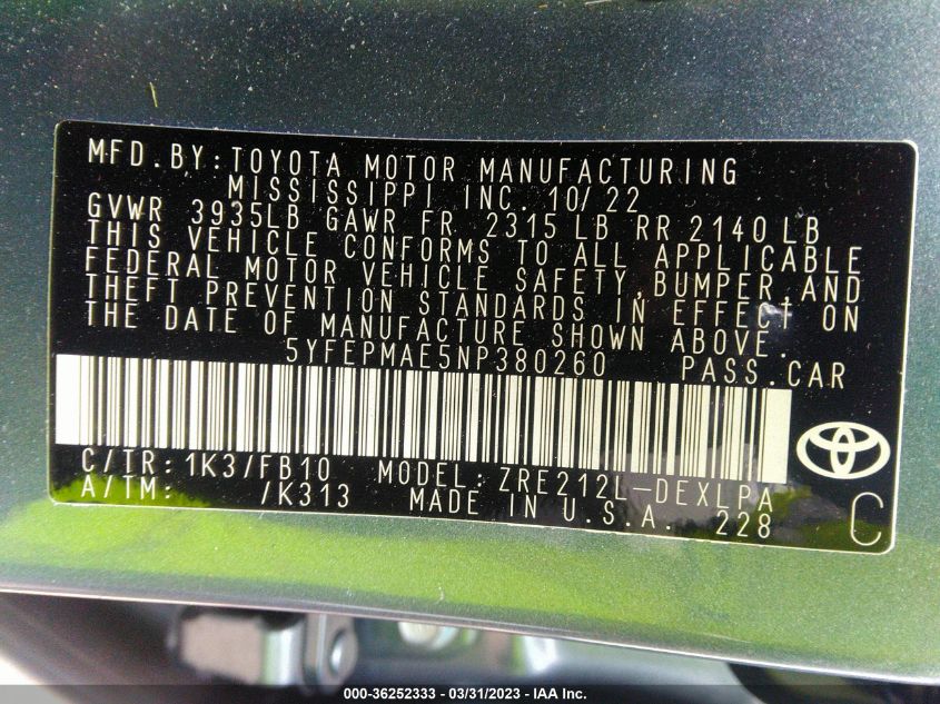 2022 TOYOTA COROLLA LE - 5YFEPMAE5NP380260