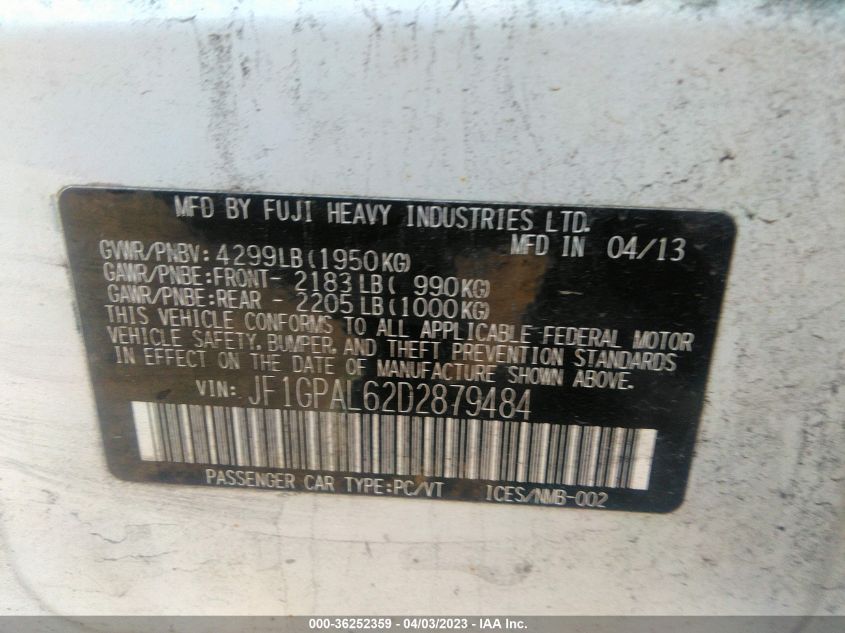2013 SUBARU IMPREZA WAGON 2.0I SPORT PREMIUM - JF1GPAL62D2879484