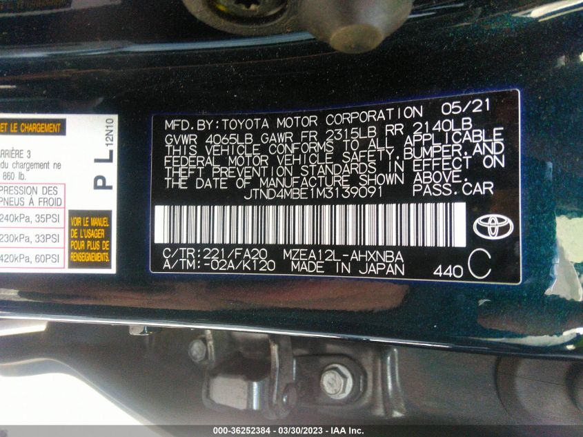 2021 TOYOTA COROLLA HATCHBACK SE/XSE/NIGHTSHADE JTND4MBE1M3139091