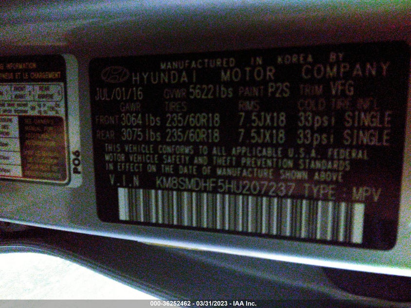VIN KM8SMDHF5HU207237 2017 HYUNDAI SANTA FE SE
