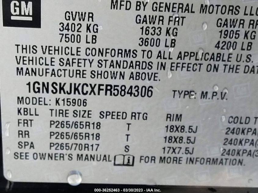 2015 CHEVROLET SUBURBAN LT - 1GNSKJKCXFR584306