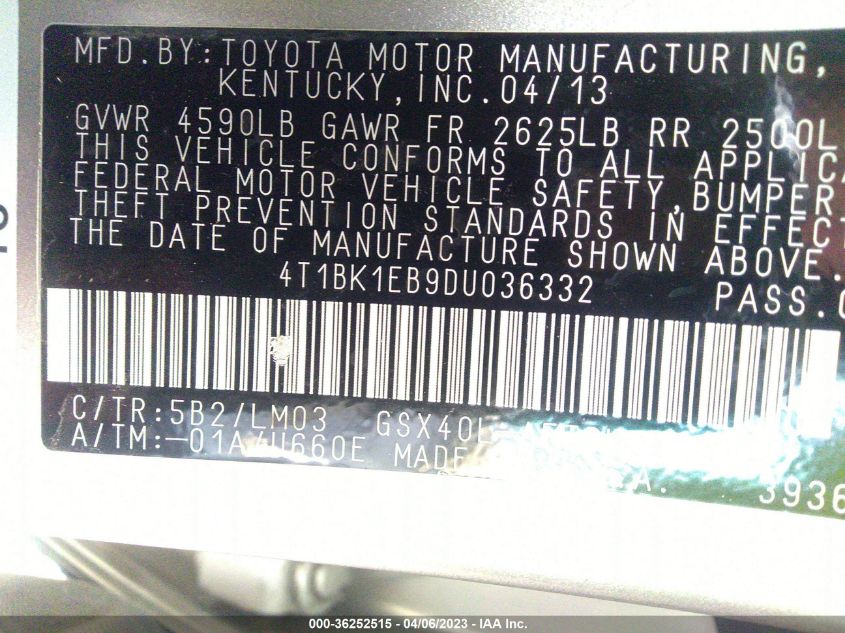 2013 TOYOTA AVALON XLE/LIMITED - 4T1BK1EB9DU036332