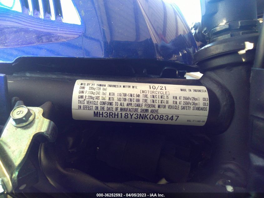2022 YAMAHA YZFR3 A MH3RH18Y3NK008347