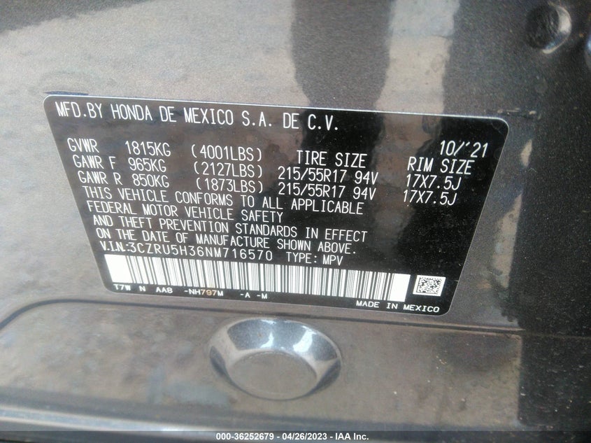 VIN 3CZRU5H36NM716570 2022 HONDA HR-V LX