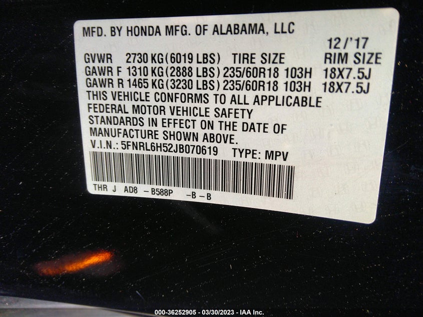VIN 5FNRL6H52JB070619 2018 HONDA ODYSSEY EX