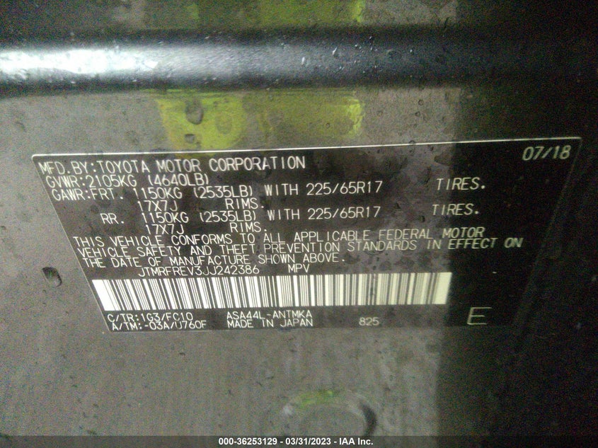 VIN JTMRFREV3JJ242386 2018 TOYOTA RAV4 XLE/ADVENTURE