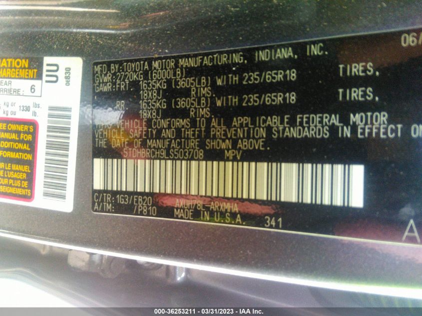 2020 TOYOTA HIGHLANDER HYBRID XLE - 5TDHBRCH9LS503708