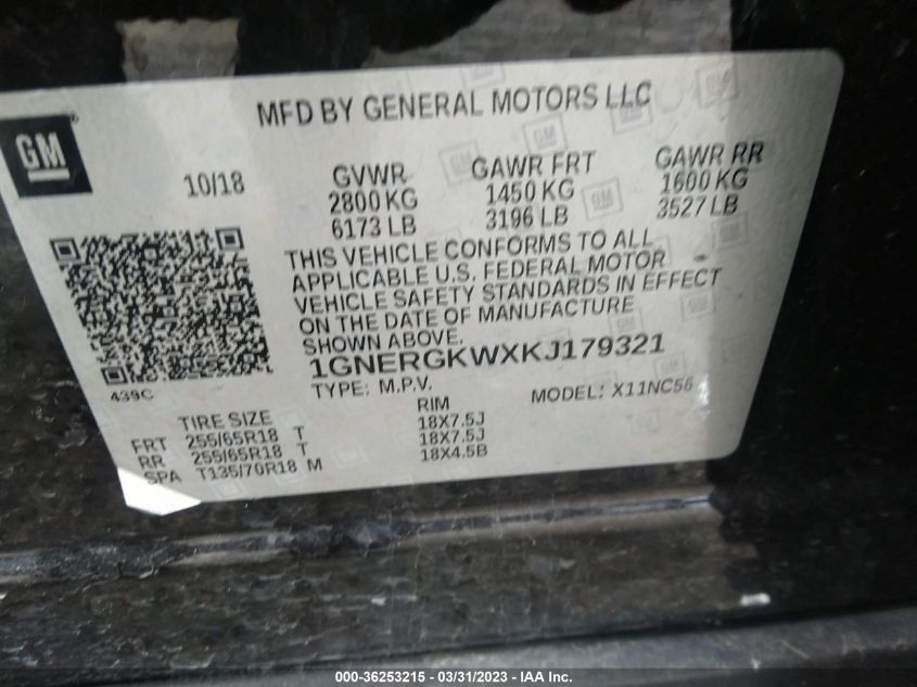 2019 CHEVROLET TRAVERSE LT CLOTH - 1GNERGKWXKJ179321