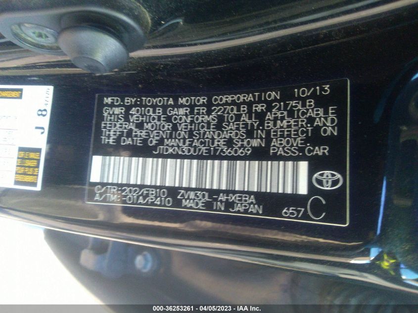 2014 TOYOTA PRIUS FOUR/FIVE/THREE/ONE/TWO - JTDKN3DU7E1736069