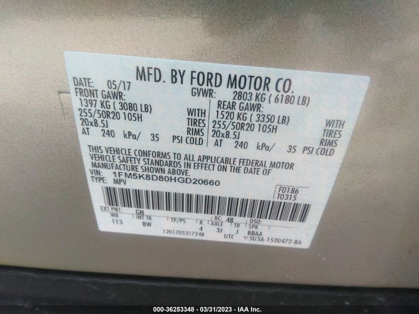 2017 FORD EXPLORER XLT - 1FM5K8D80HGD20660