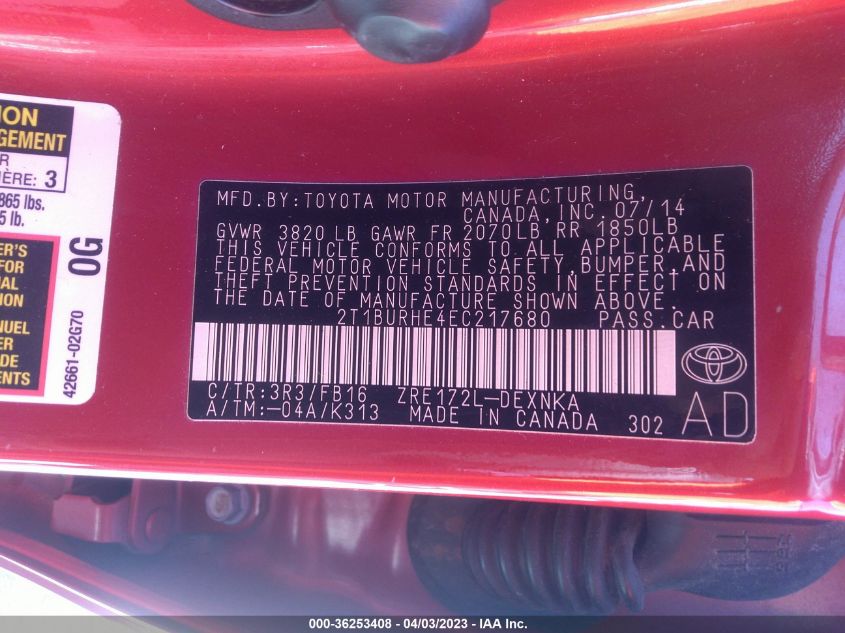 2014 TOYOTA COROLLA LE - 2T1BURHE4EC217680