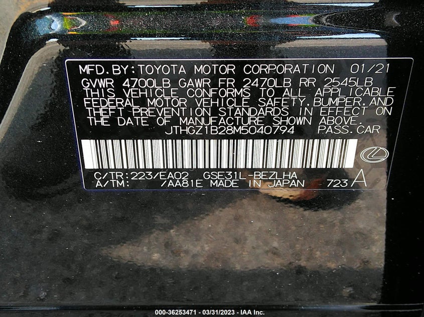 VIN JTHGZ1B28M5040794 2021 LEXUS IS IS 350 F SPORT