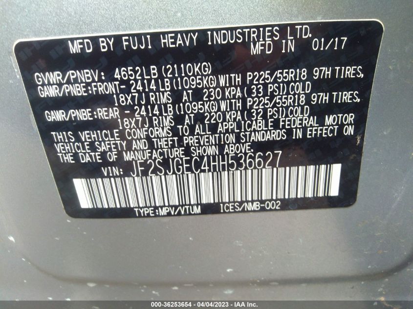 VIN JF2SJGEC4HH536627 2017 SUBARU FORESTER PREMIUM