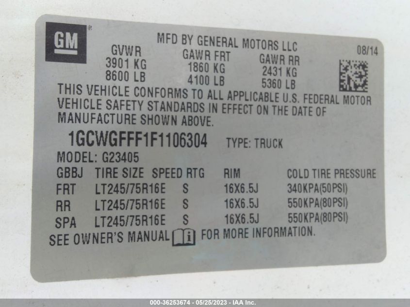 2015 CHEVROLET EXPRESS 2500 WORK VAN 1GCWGFFF1F1106304