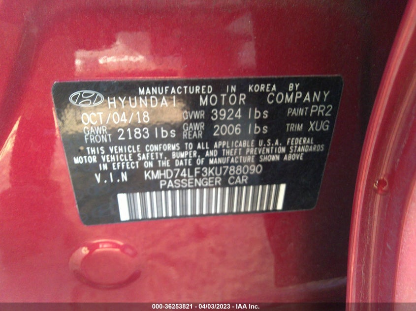 VIN KMHD74LF3KU788090 2019 HYUNDAI ELANTRA SE
