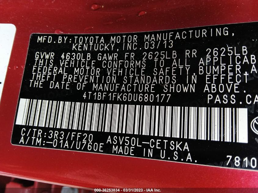 2013 TOYOTA CAMRY L/LE/SE/XLE - 4T1BF1FK6DU680177