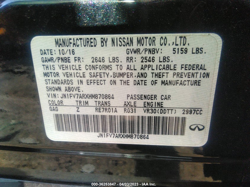 VIN JN1FV7ARXHM870864 2017 INFINITI Q50 RED SPORT 400