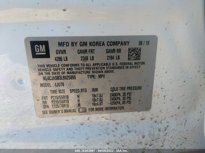 VIN KL4CJASB3LB025895 2020 BUICK ENCORE PREFERRED