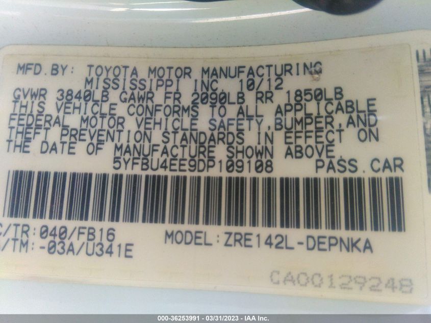 2013 TOYOTA COROLLA L/LE/S - 5YFBU4EE9DP109108