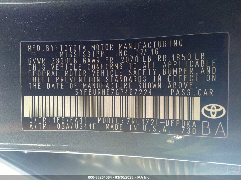 2016 TOYOTA COROLLA L/LE/S/S PLUS/LE PLUS - 5YFBURHE7GP467224