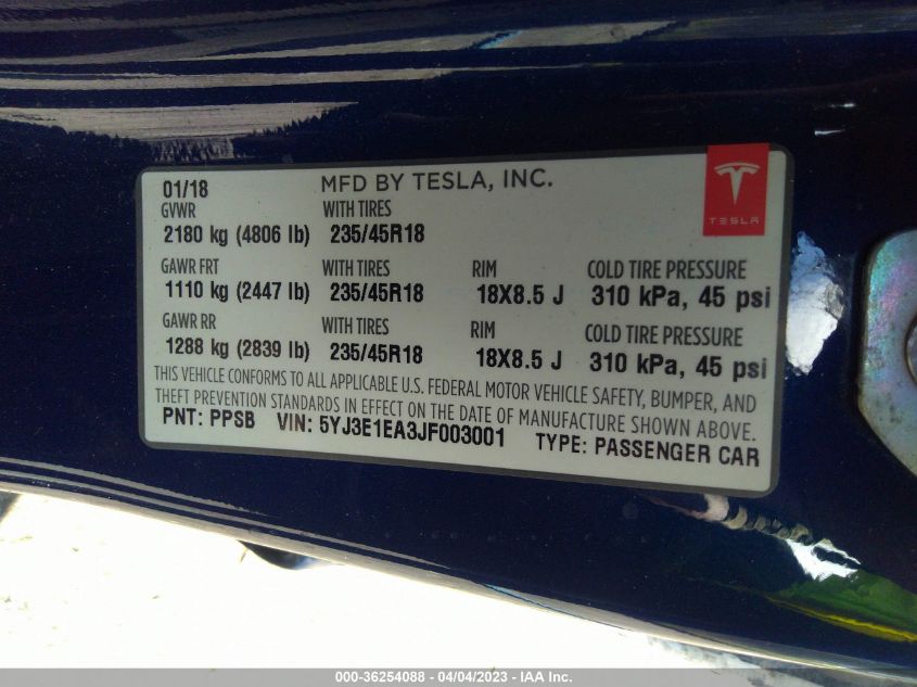 2018 TESLA MODEL 3 RANGE BATTERY - 5YJ3E1EA3JF003001