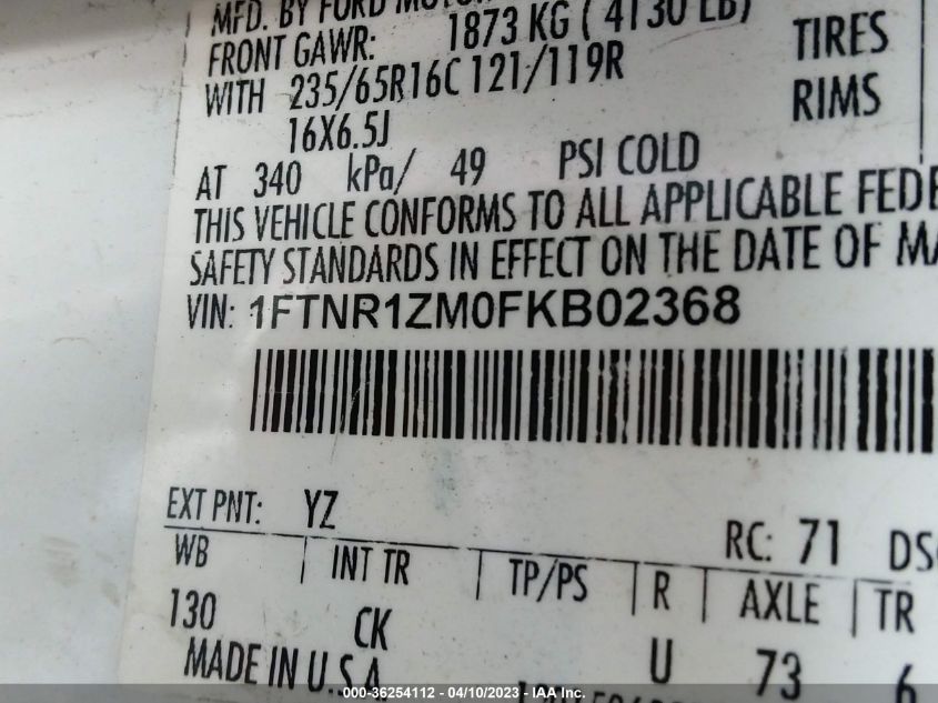 2015 FORD TRANSIT CARGO VAN - 1FTNR1ZM0FKB02368