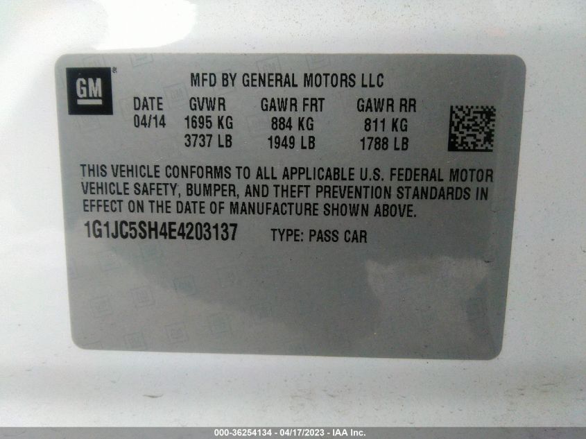 2014 CHEVROLET SONIC LT - 1G1JC5SH4E4203137
