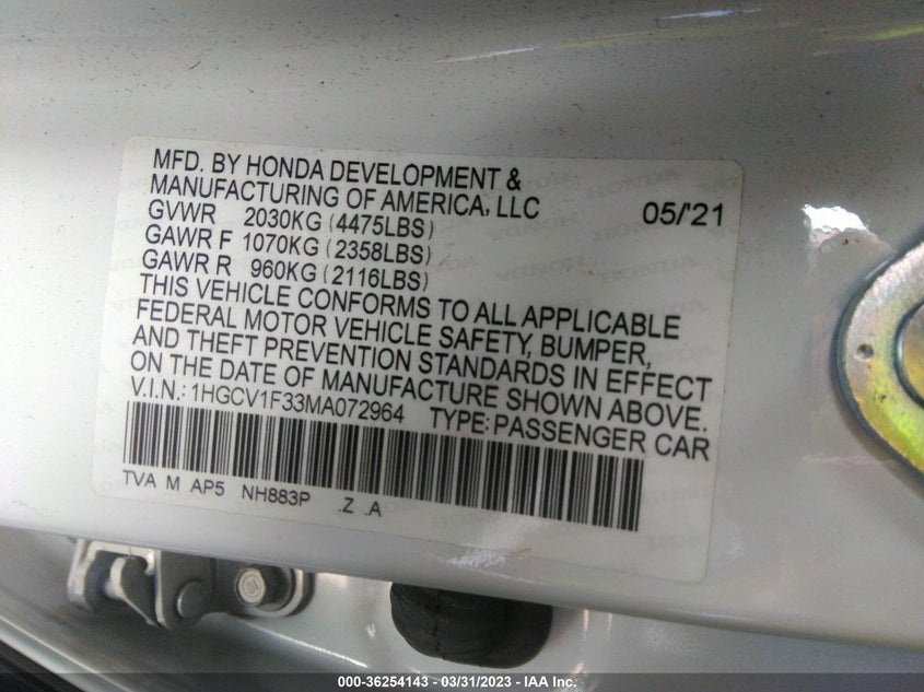 VIN 1HGCV1F33MA072964 2021 HONDA ACCORD SEDAN SPORT