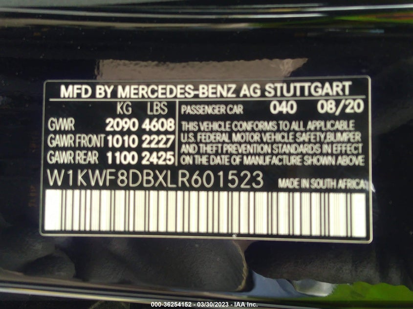 VIN W1KWF8DBXLR601523 2020 MERCEDES-BENZ C-CLASS C 300