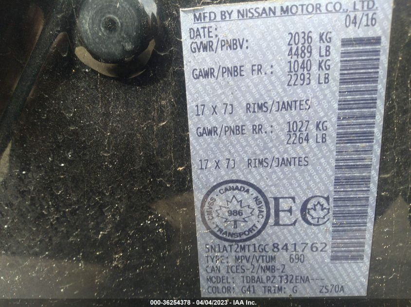 2016 NISSAN ROGUE SV/SL/S - 5N1AT2MT1GC841762