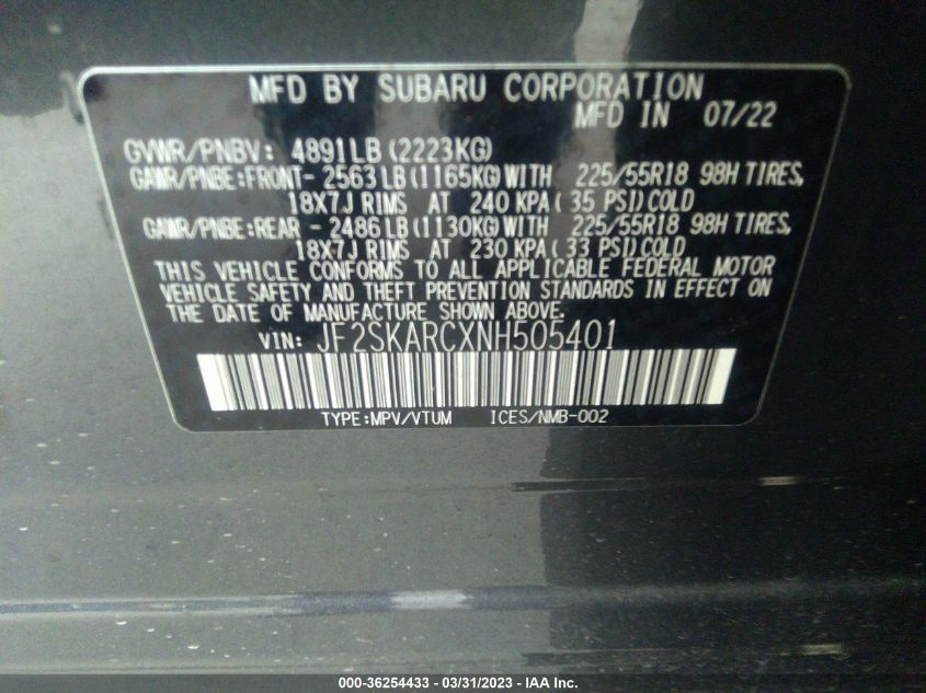 2022 SUBARU FORESTER TOURING - JF2SKARCXNH505401