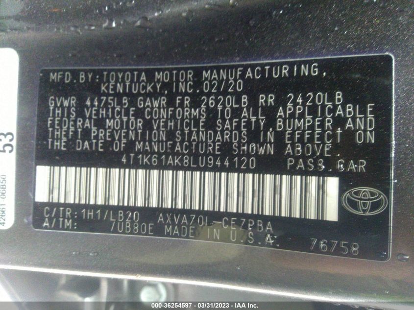 2020 TOYOTA CAMRY XSE - 4T1K61AK8LU944120