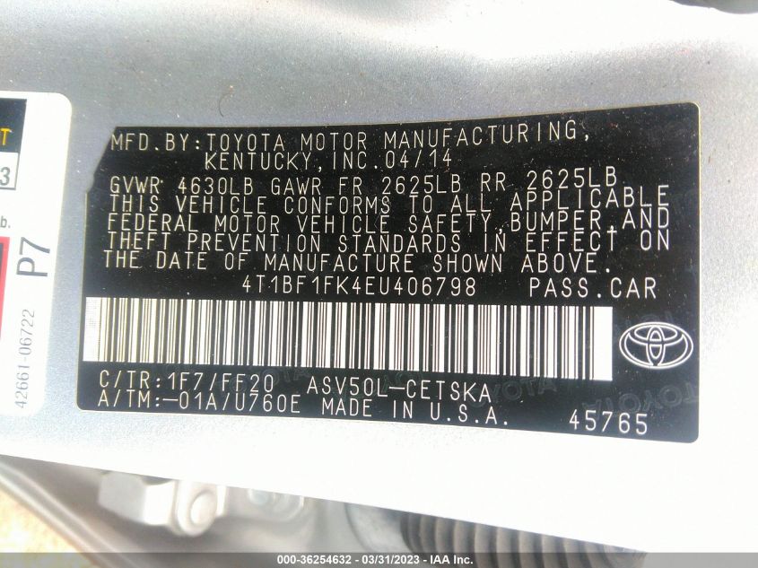 2014 TOYOTA CAMRY L/LE/XLE/SE/SE SPORT - 4T1BF1FK4EU406798