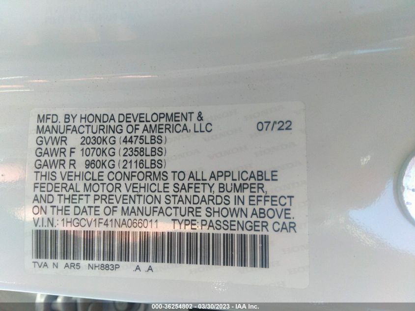 2022 HONDA ACCORD SEDAN SPORT SE - 1HGCV1F41NA066011