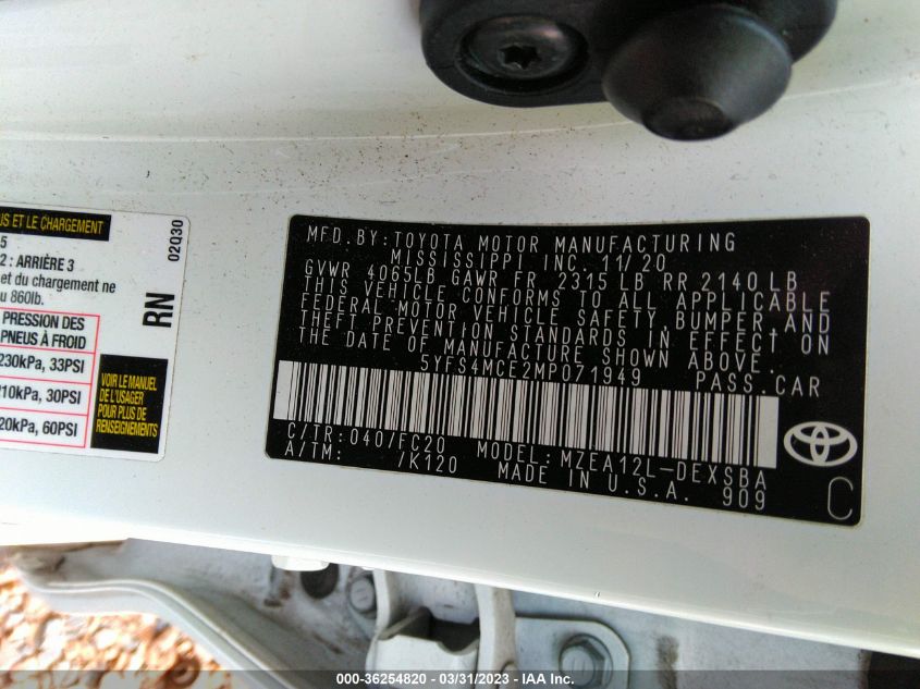 2021 TOYOTA COROLLA SE/NIGHTSHADE/APEX SE - 5YFS4MCE2MP071949