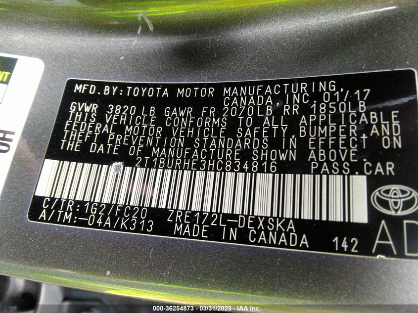 VIN 2T1BURHE3HC834816 2017 TOYOTA COROLLA L/LE/XLE/SE
