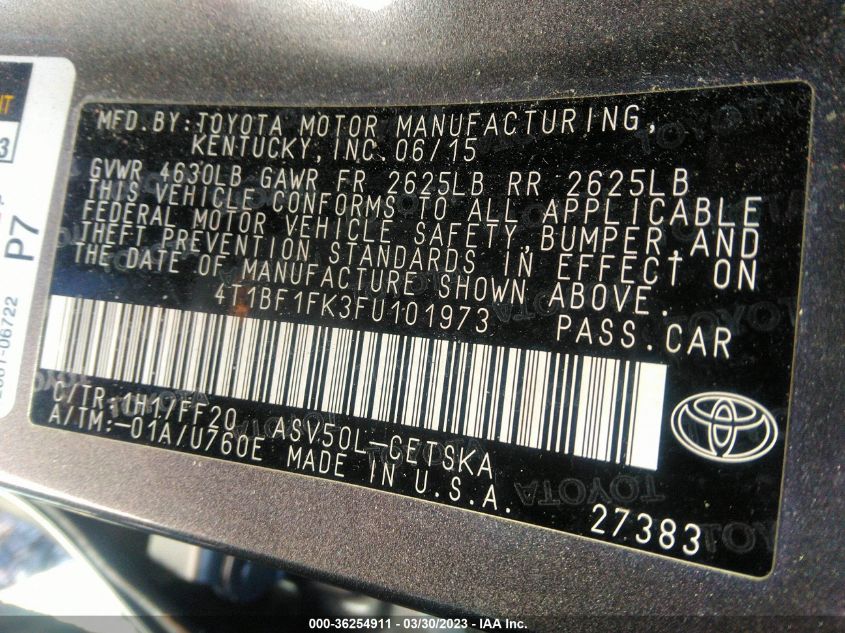 2015 TOYOTA CAMRY XLE/SE/LE/XSE - 4T1BF1FK3FU101973