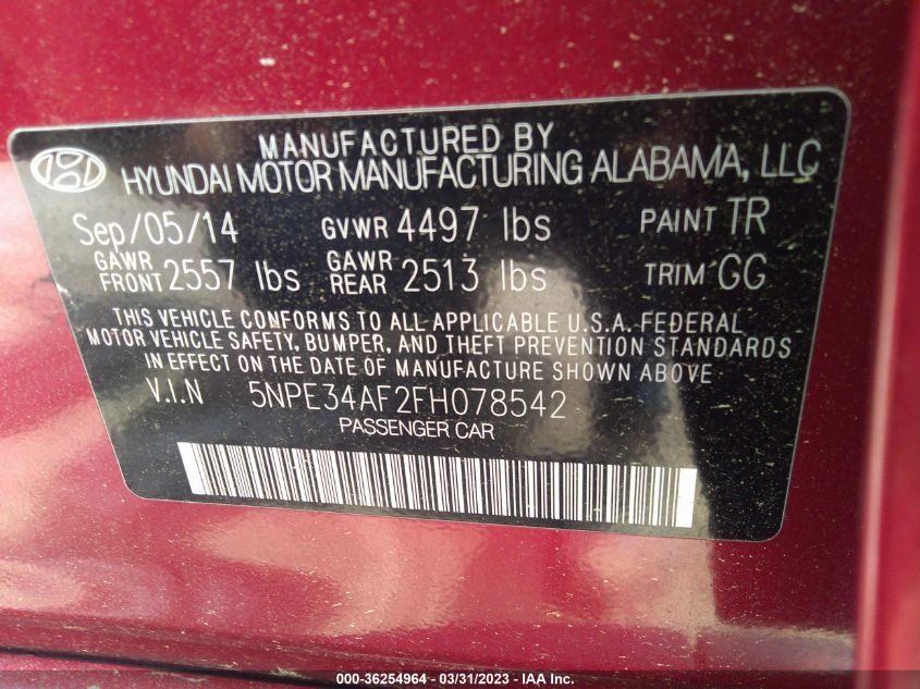 2015 HYUNDAI SONATA 2.4L SPORT - 5NPE34AF2FH078542