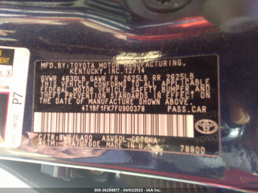 2015 TOYOTA CAMRY XLE/SE/LE/XSE - 4T1BF1FK7FU900378