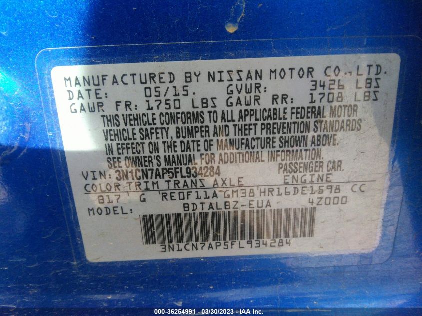 2015 NISSAN VERSA SV - 3N1CN7AP5FL934284