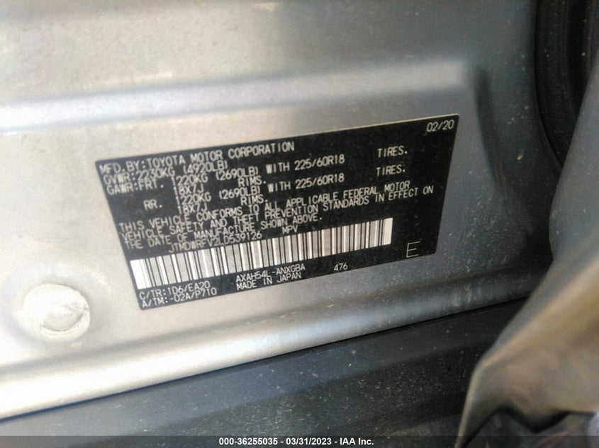 VIN JTMDWRFV2LD539126 2020 TOYOTA RAV4 HYBRID LIMITED
