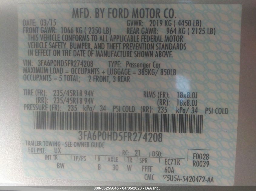 2015 FORD FUSION SE - 3FA6P0HD5FR274208