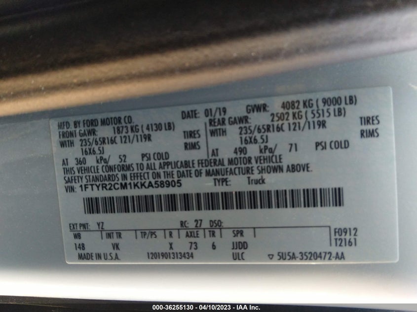 VIN 1FTYR2CM1KKA58905 2019 FORD TRANSIT VAN