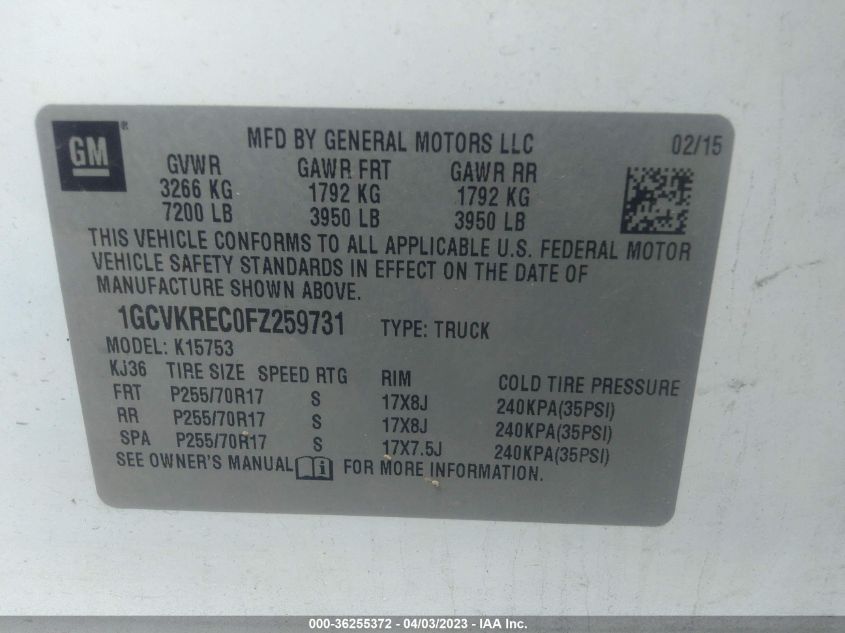 2015 CHEVROLET SILVERADO 1500 LT - 1GCVKREC0FZ259731