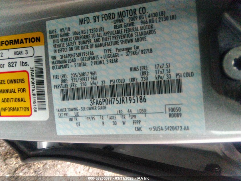 2018 FORD FUSION SE - 3FA6P0H75JR195186